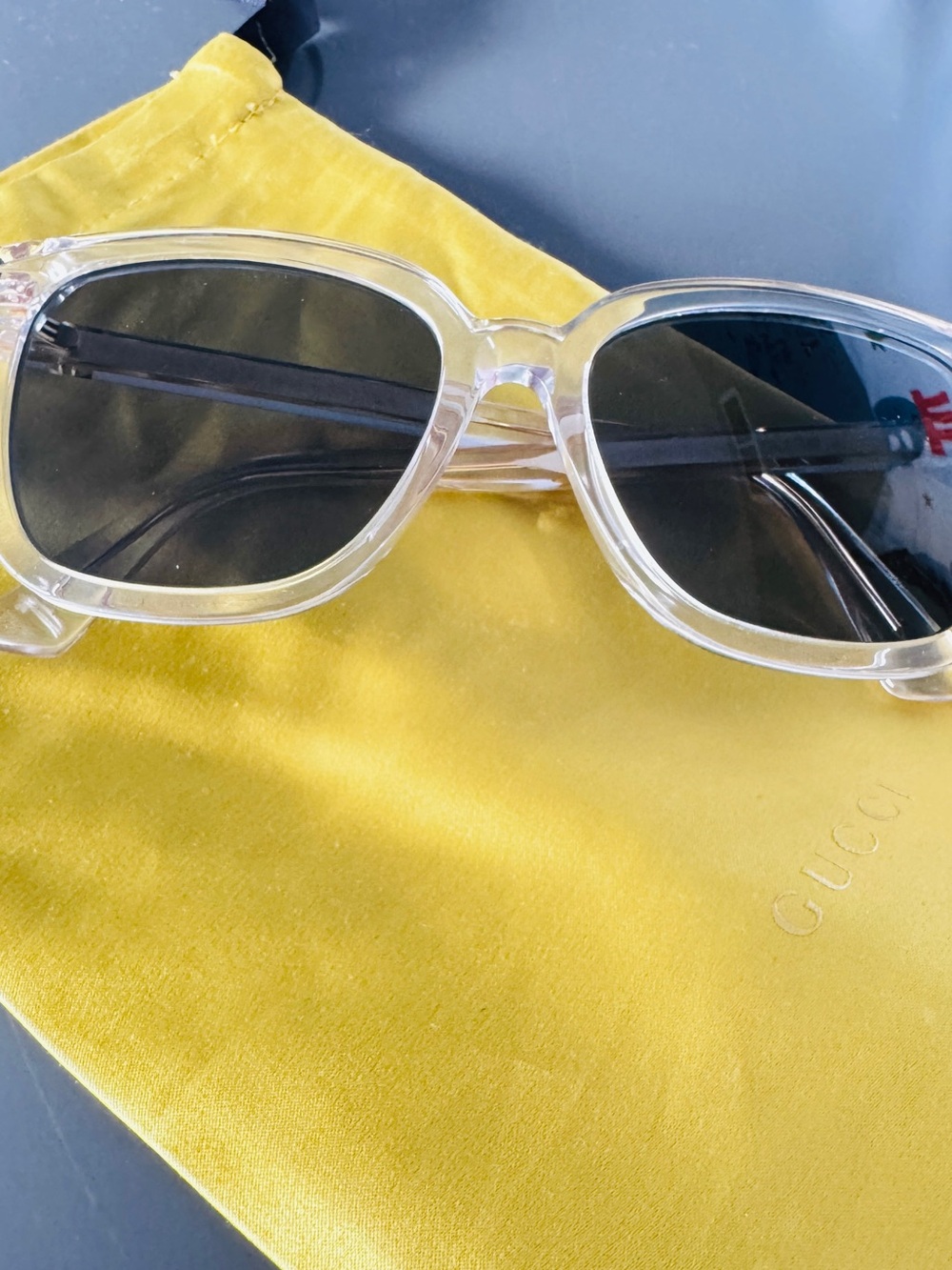 Gucci Clear Frame Sunglasses with Polarized Smoke Lenses, Hard Case, Satin Pouch